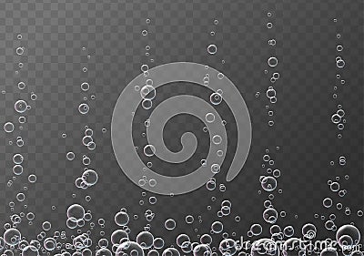 Vector transparent background with fizzing air bubbles. Water pops. Fizzy sparkles in aquarium. Underwater texture. Vector Illustration